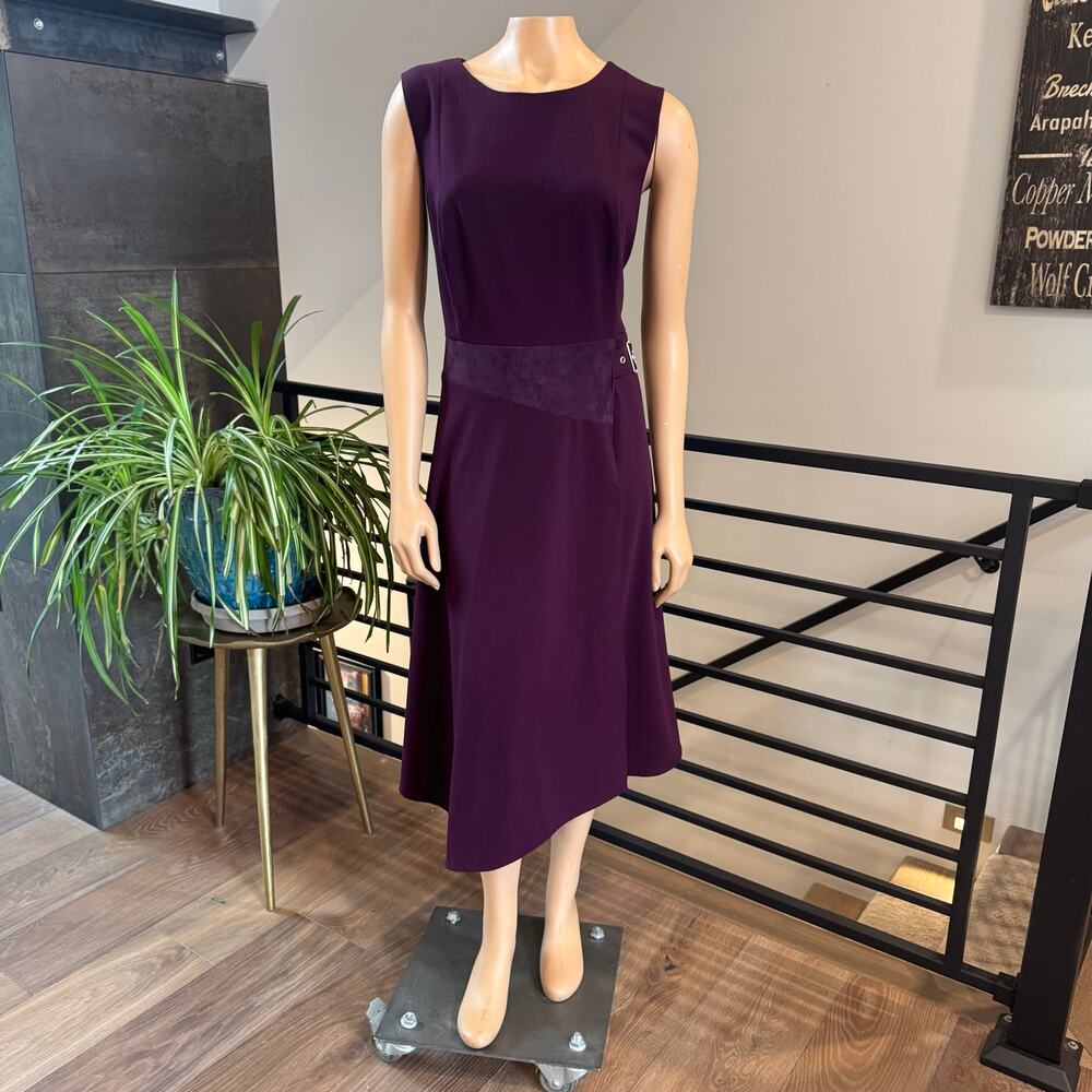 Calvin Klein Plum Aubergine Sleeveless Faux Suede Buckle Midi Dress Size